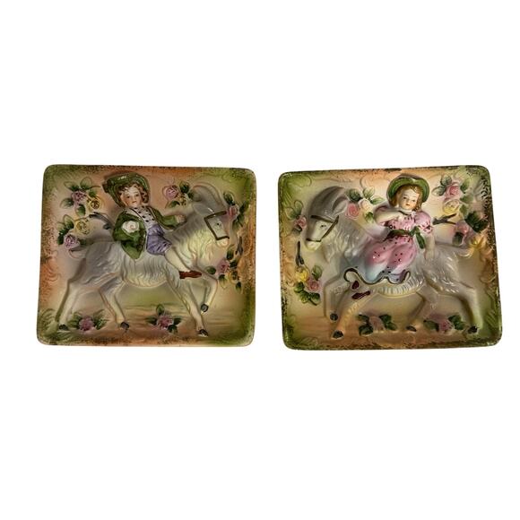 1930s Victorian 3-D Bisque Boy & Girl Riding Goats Wall Plaques Vintage - Picture 1 of 5